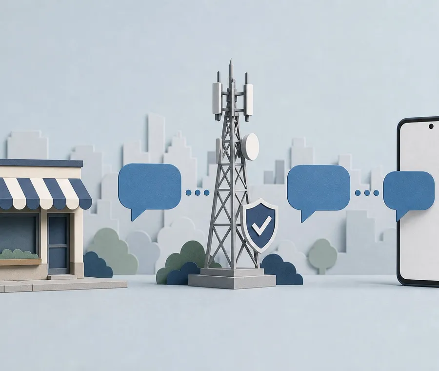 Business SMS route from a local storefront through a carrier tower to an Android phone