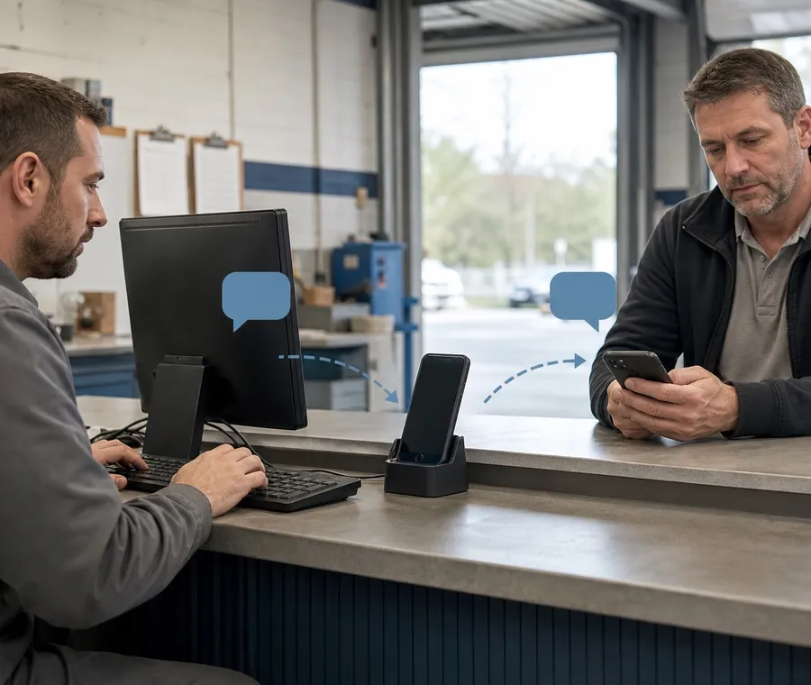 Service employee sending an SMS from a computer through a docked Android phone to a customer
