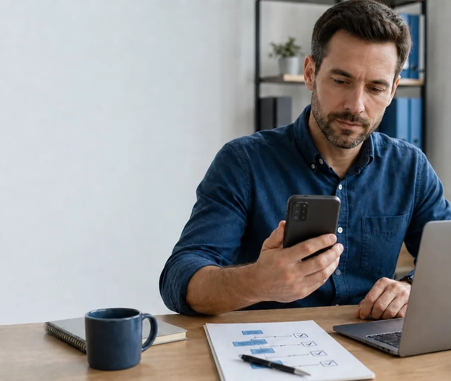 Operations coordinator reviewing an SMS workflow on an Android phone beside a laptop