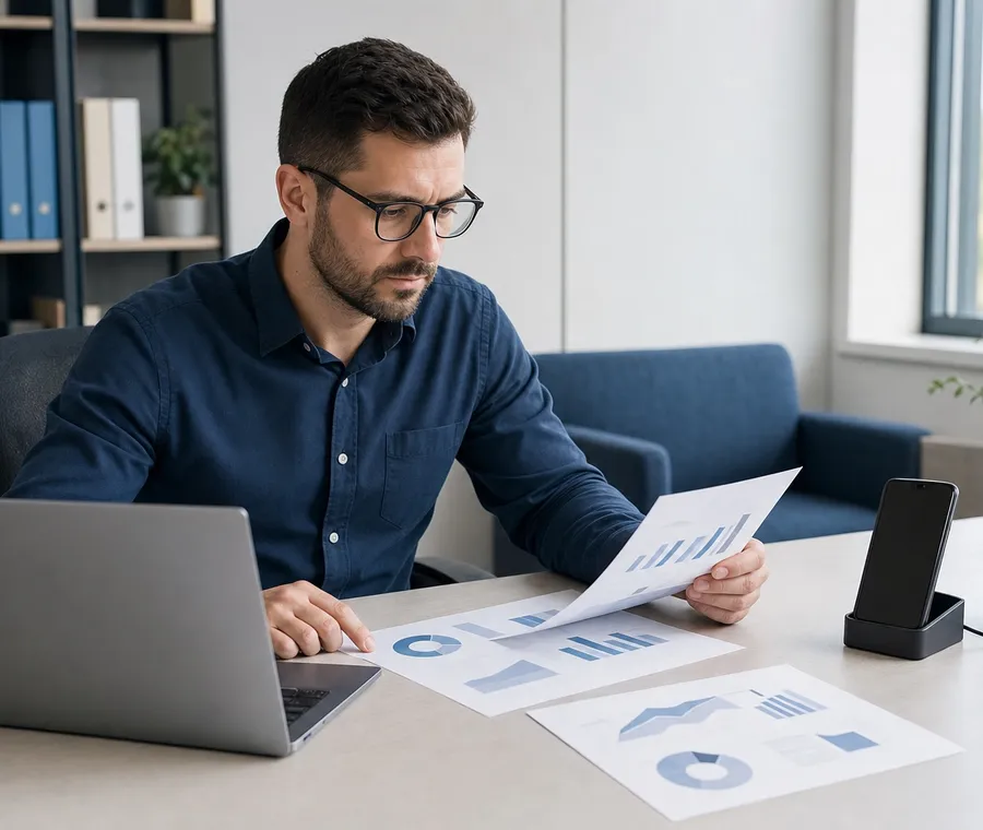 Telecommunications analyst reviewing source-backed charts beside a docked Android phone