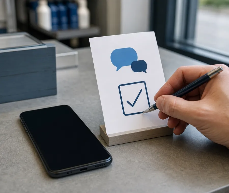 Customer checking an SMS consent card beside an Android phone