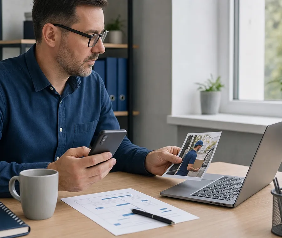 Operations manager holding an Android phone and a printed photo while comparing message formats at a desk