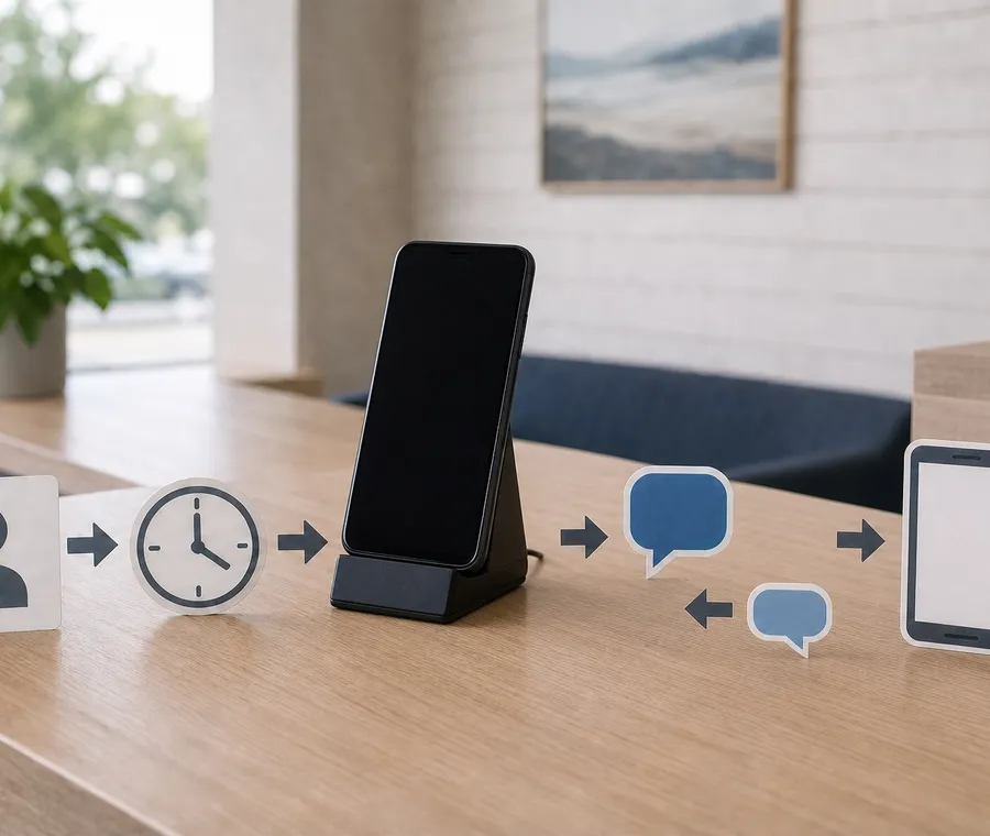 New enquiry moving through a clock and Android phone to an outgoing SMS, with a reply returning from the recipient