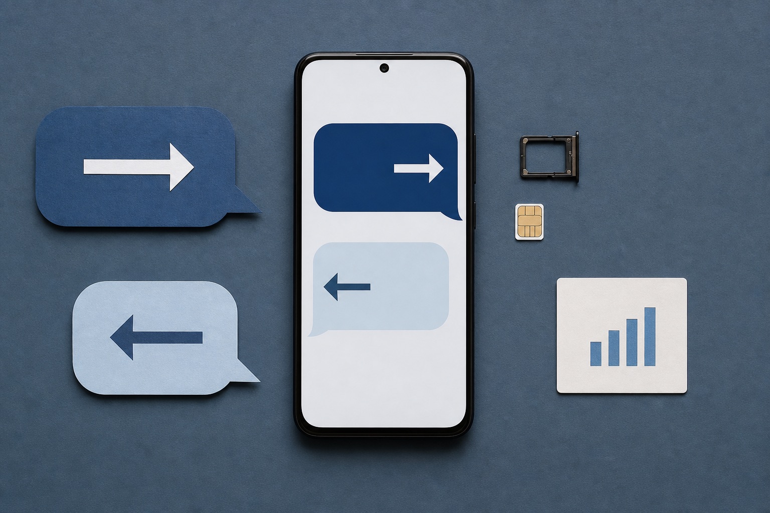 Android phone and SIM with outgoing and incoming SMS bubbles and carrier signal bars