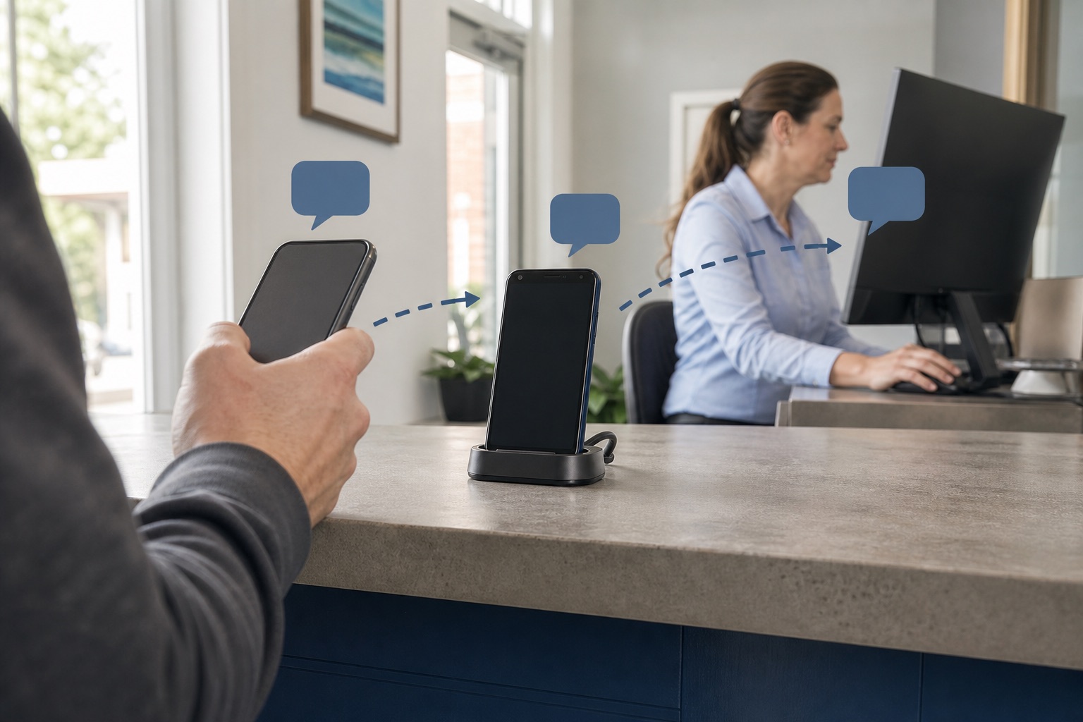 Customer SMS reply travelling through a docked Android phone to an employee working at a computer