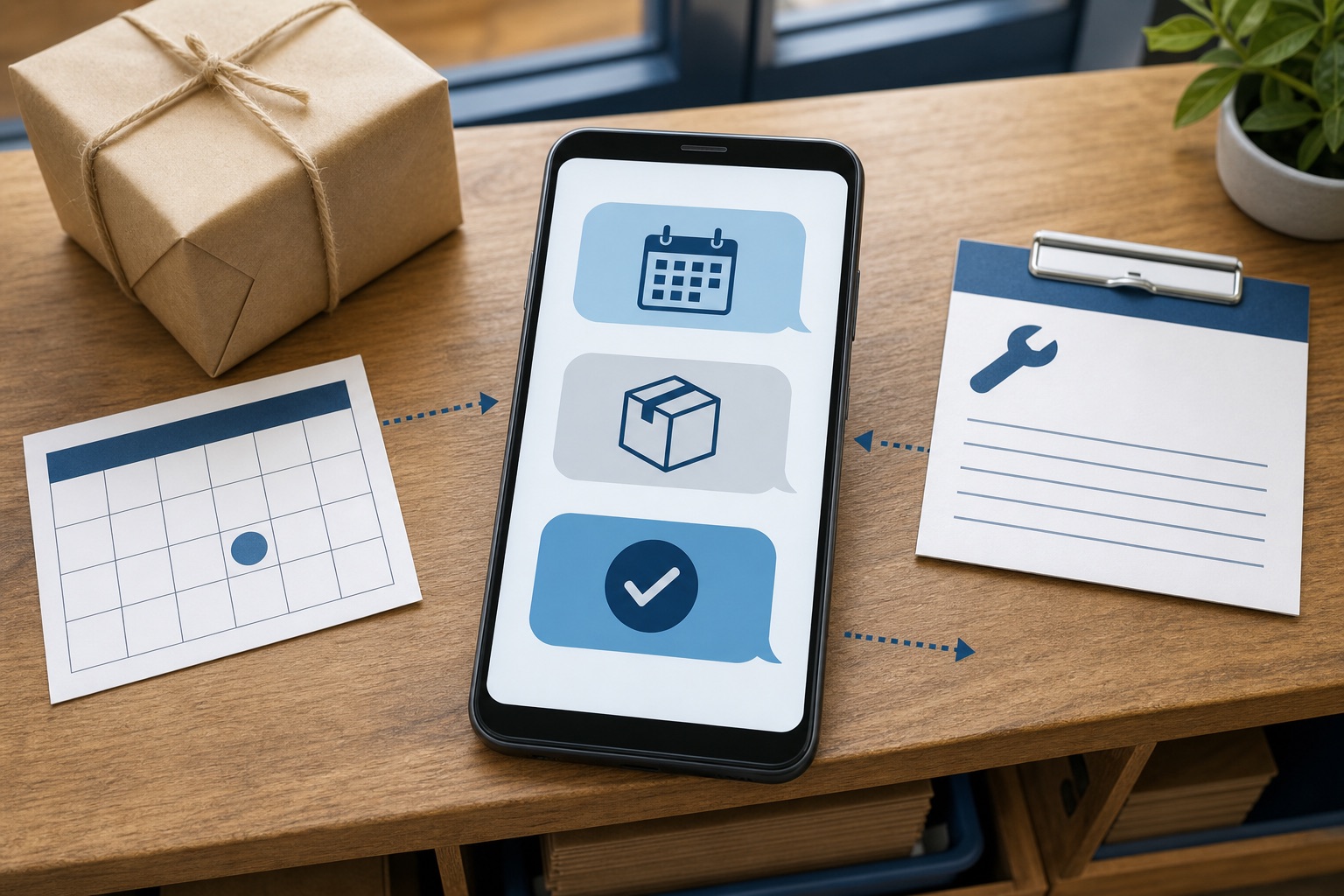 Android phone showing calendar, parcel, and confirmation SMS bubbles linked to business-event cards