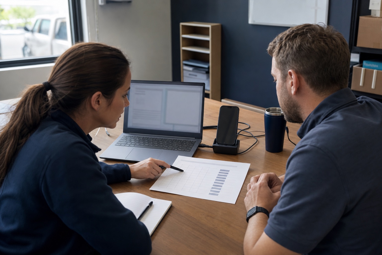 Two operations colleagues reviewing an SMS measurement worksheet beside a docked Android phone