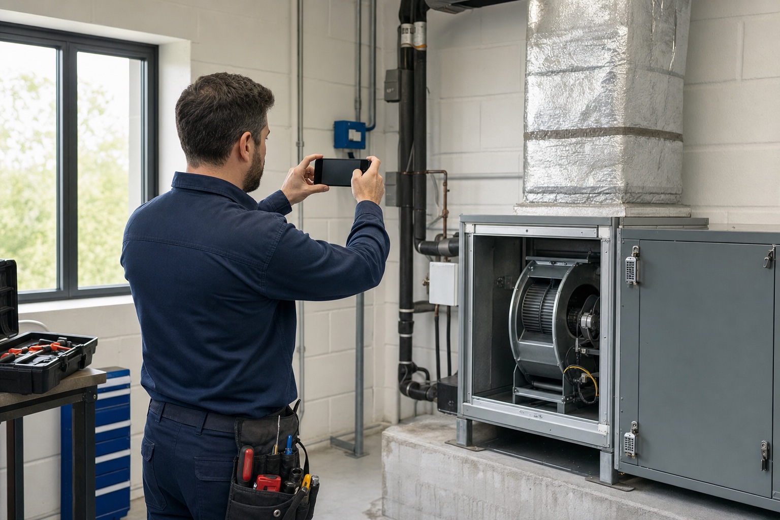 Field-service technician photographing a repaired ventilation unit with an Android phone