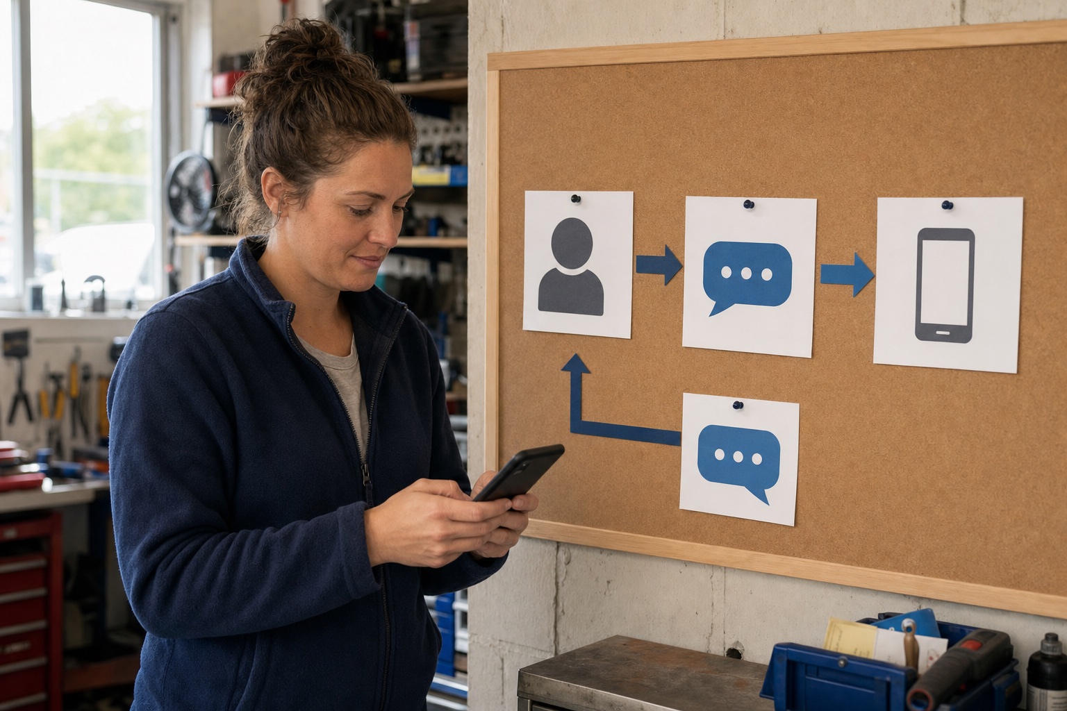 Service-business coordinator holding an Android phone beside a board showing an enquiry, outgoing SMS, recipient phone, and reply path