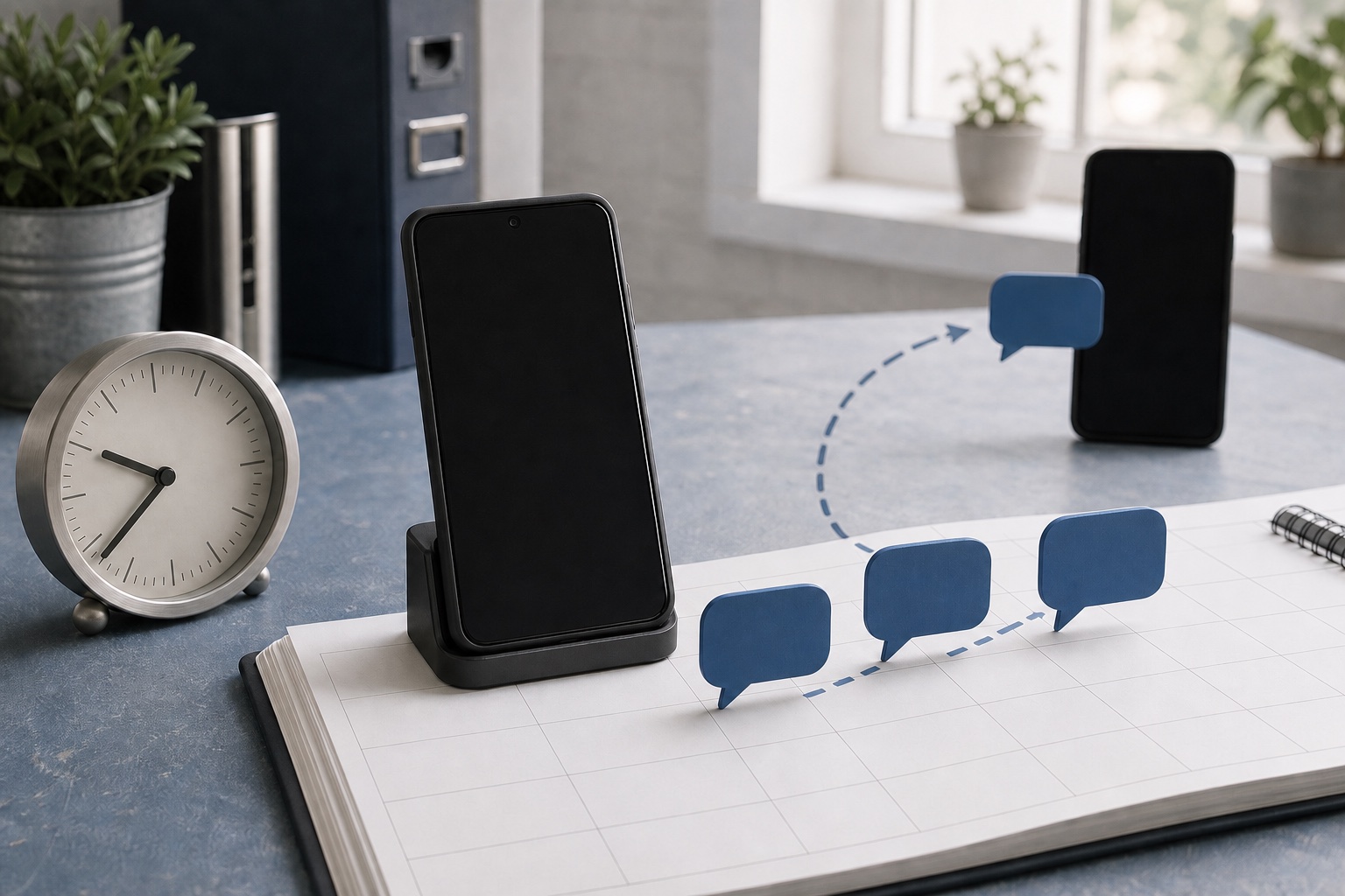 Calendar, clock, Android sender phone, and message bubbles showing scheduled SMS delivery to a recipient phone
