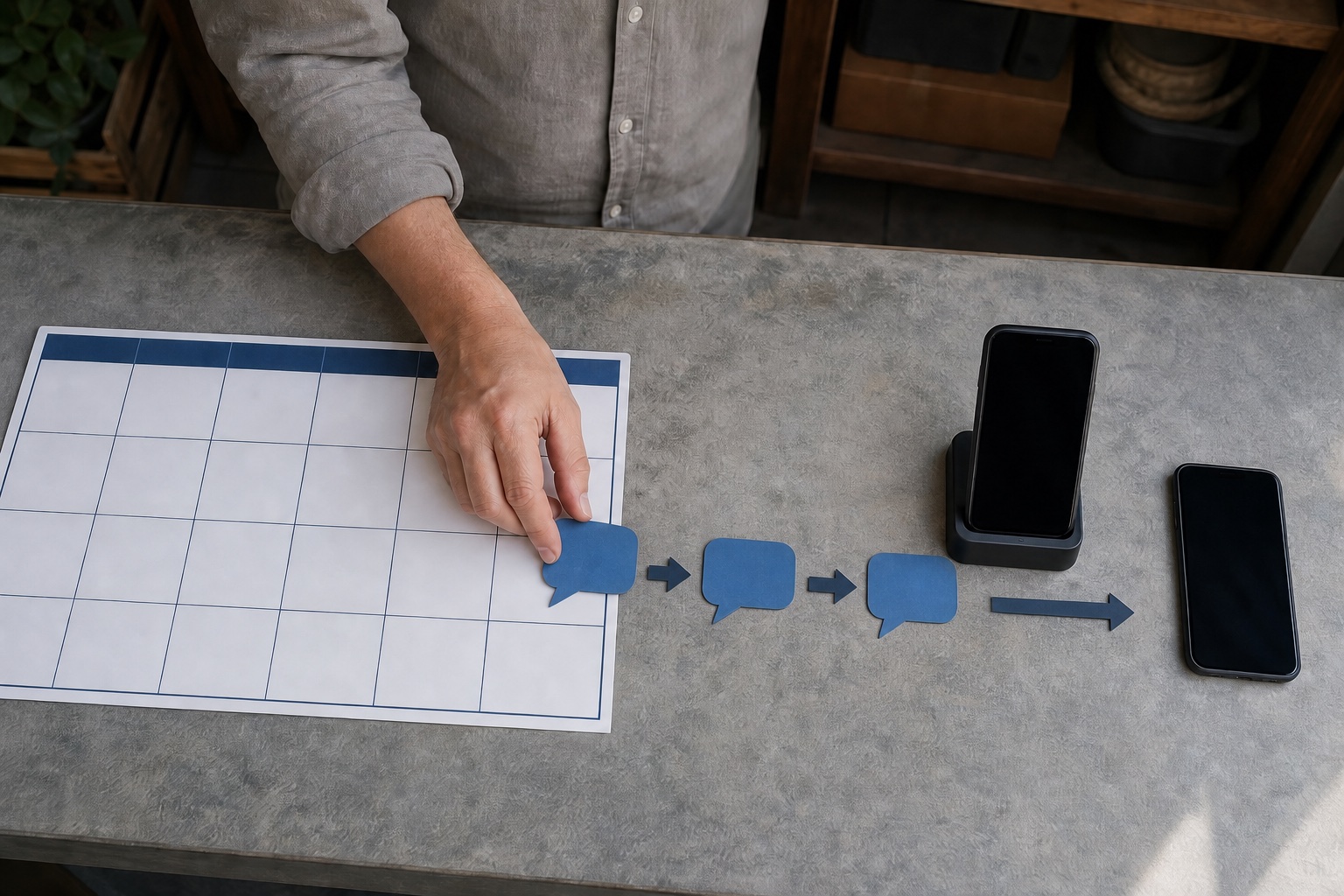 Worker placing a message bubble on a blank schedule with arrows leading through an Android sender phone to a recipient phone