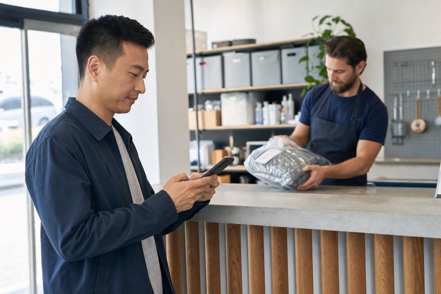 Customer replying on a phone at a local service pickup counter