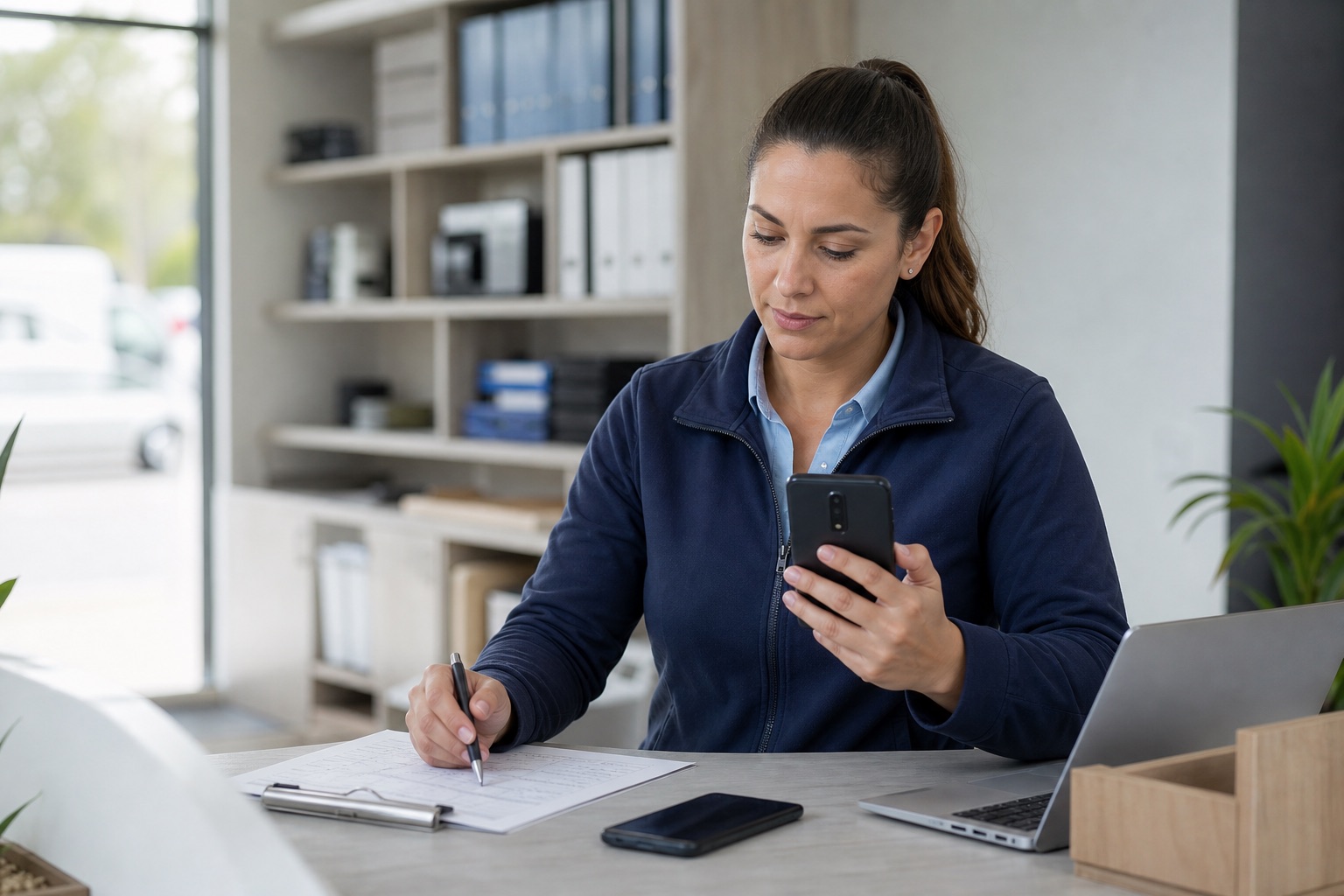 Service coordinator using an Android business phone beside an operations sheet and a second phone