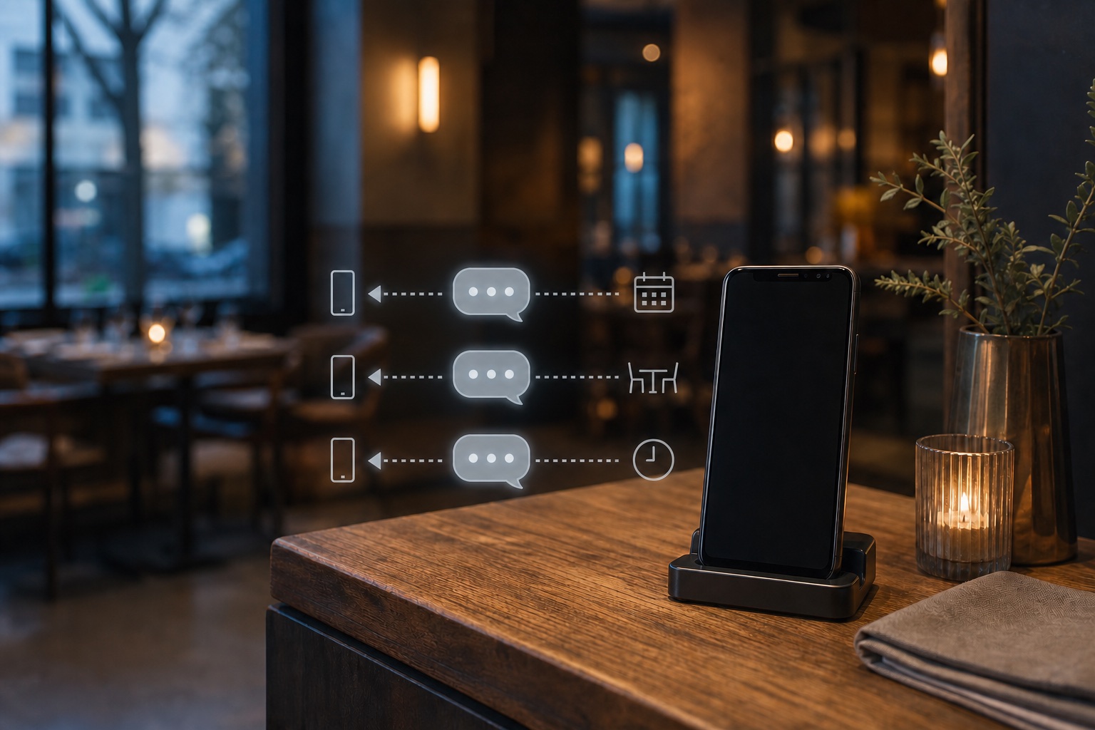 Restaurant host stand with an Android sender phone and SMS routes for reservations, tables, and waitlist updates
