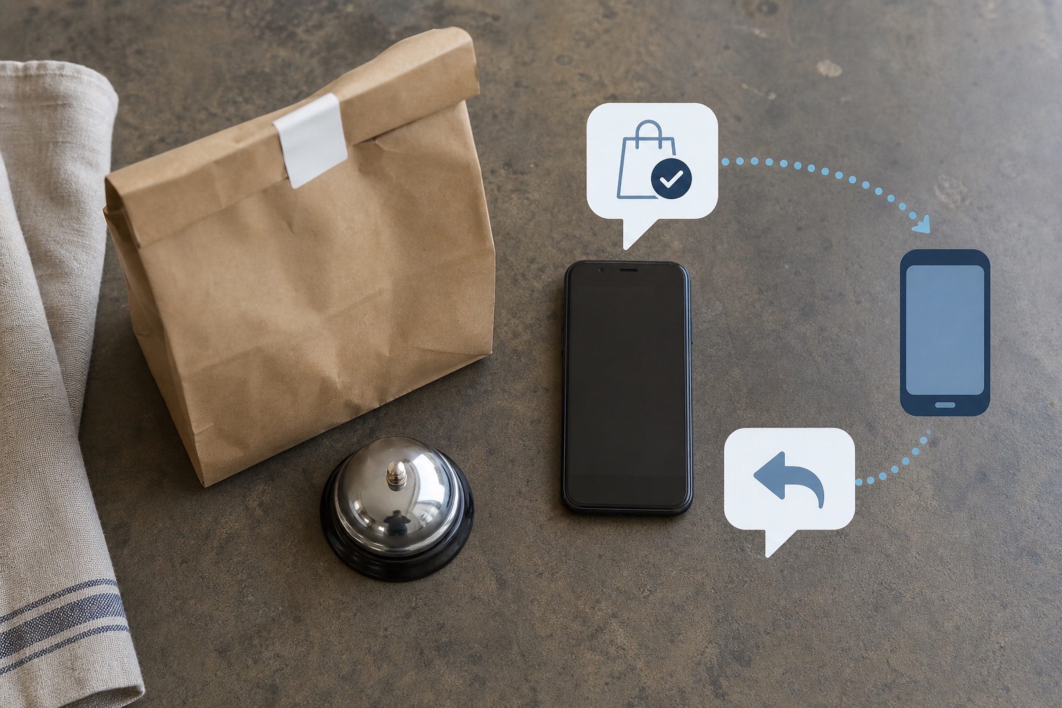 Restaurant pickup counter with an Android phone sending an order-ready SMS and receiving a guest reply