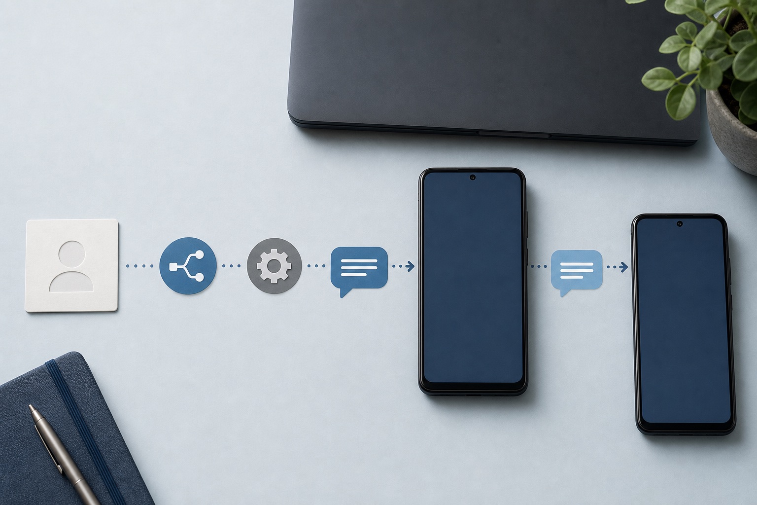 CRM contact event passing through automation steps to an Android sender phone and an SMS recipient phone