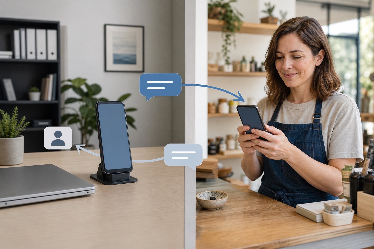 Customer replying by SMS to a business Android phone, with the response flowing back toward a CRM contact record