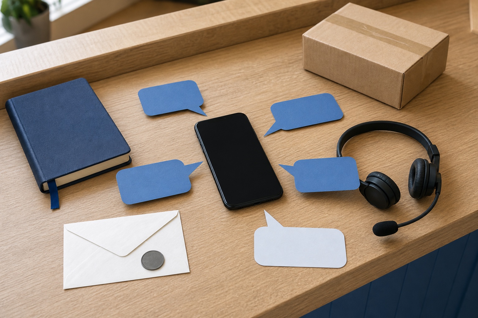 Appointment, order, support, and billing message cards arranged around an Android SMS phone