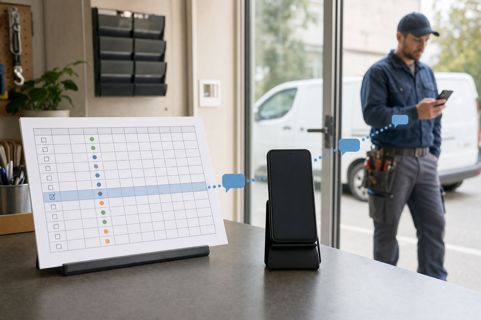 Field-service roster routed through an Android phone to an SMS received by a technician