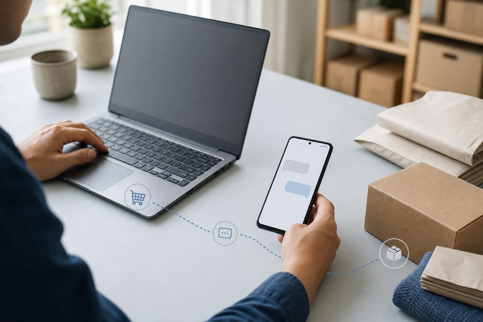 Ecommerce operator routing a cart event through an Android phone to an SMS reminder
