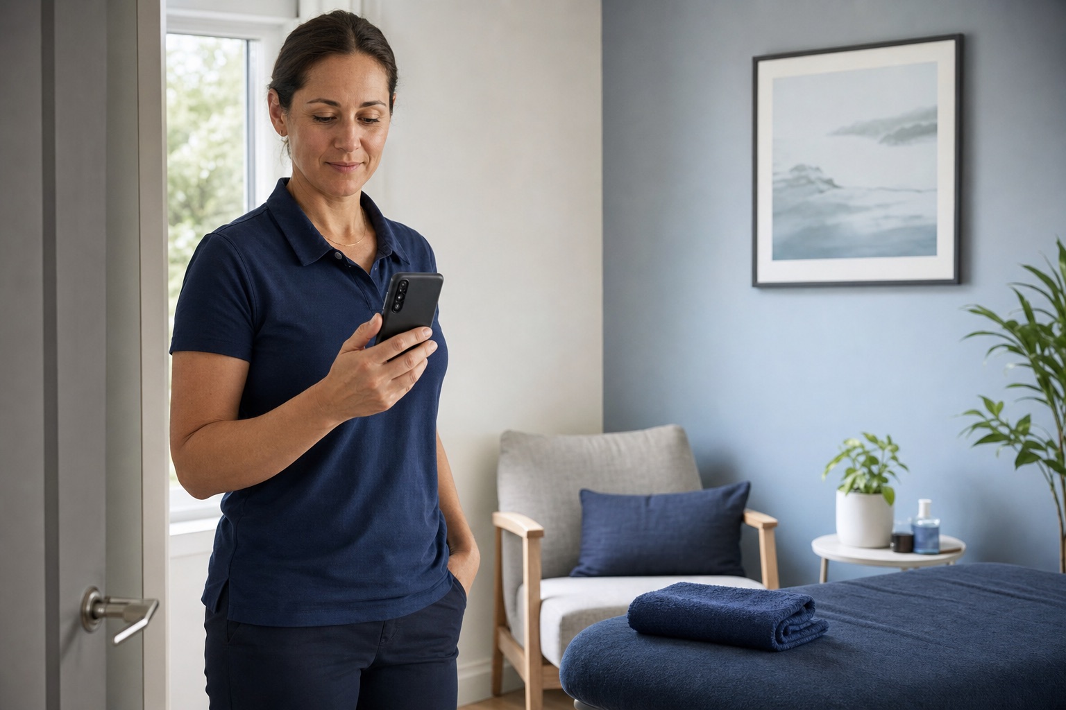Staff member checking an Android phone with its screen facing away while preparing a consultation room