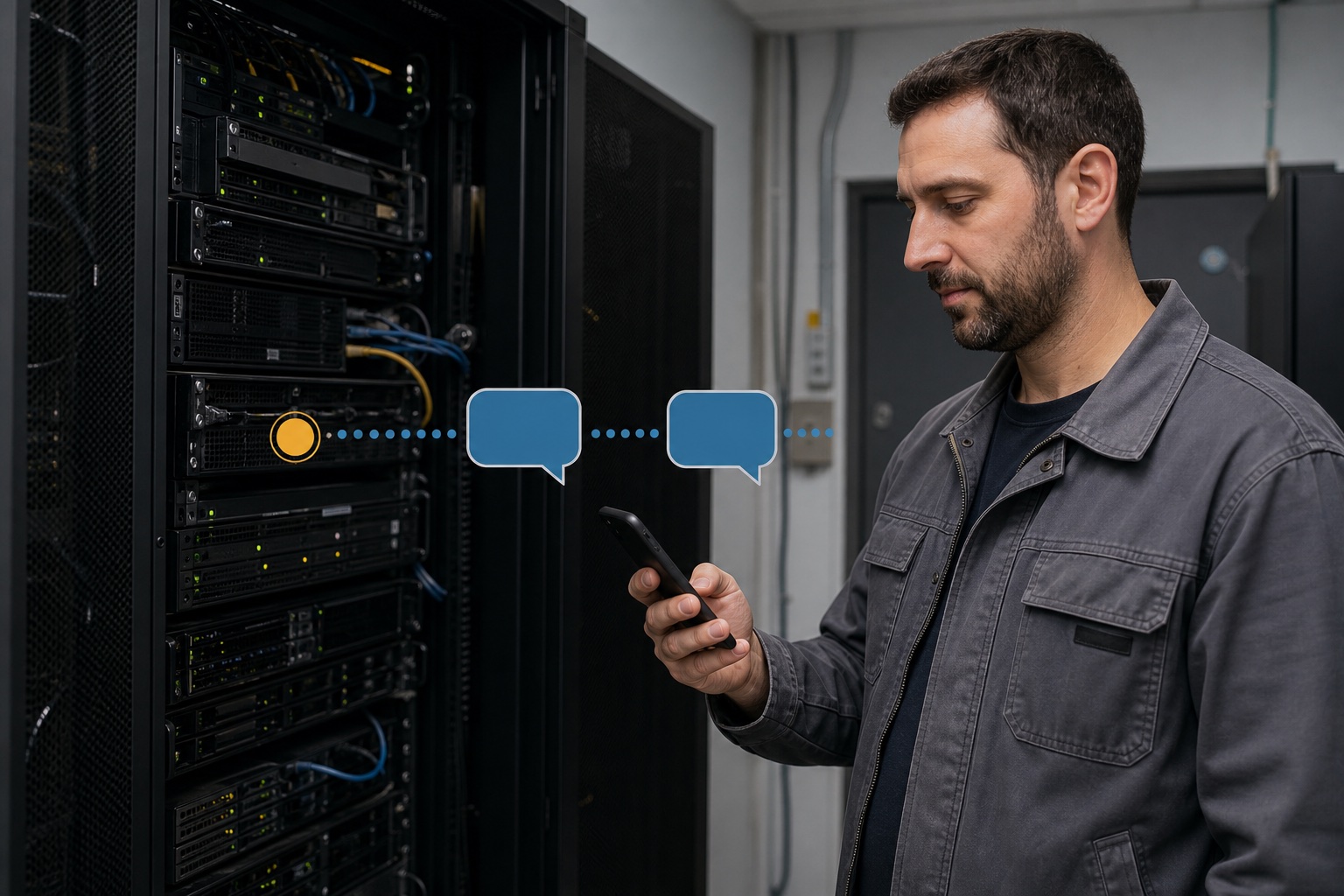 IT technician connecting a server monitoring event to an Android phone for SMS delivery