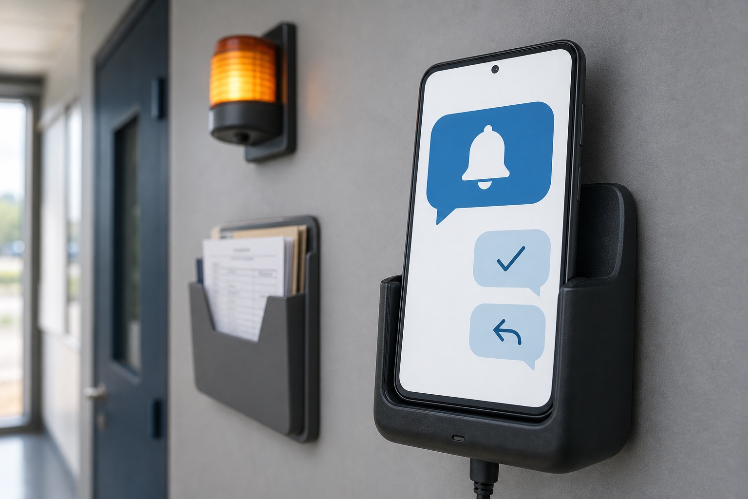 Operations manager reviewing a business notification workflow beside an Android phone