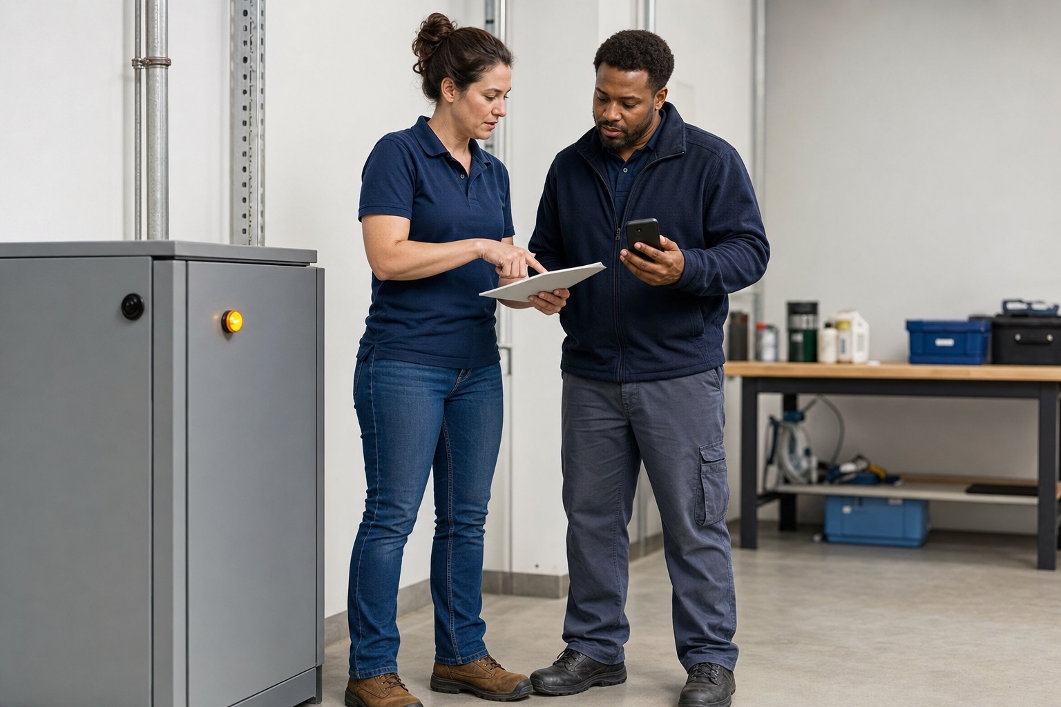 Facilities team reviewing a business notification beside an Android phone