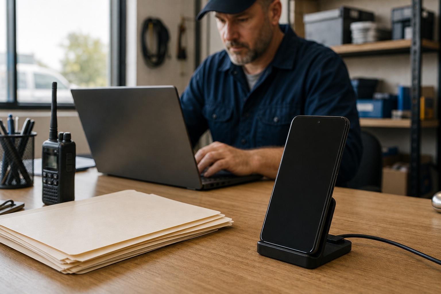 Charged Android phone on a service operations desk while a coordinator works on a laptop