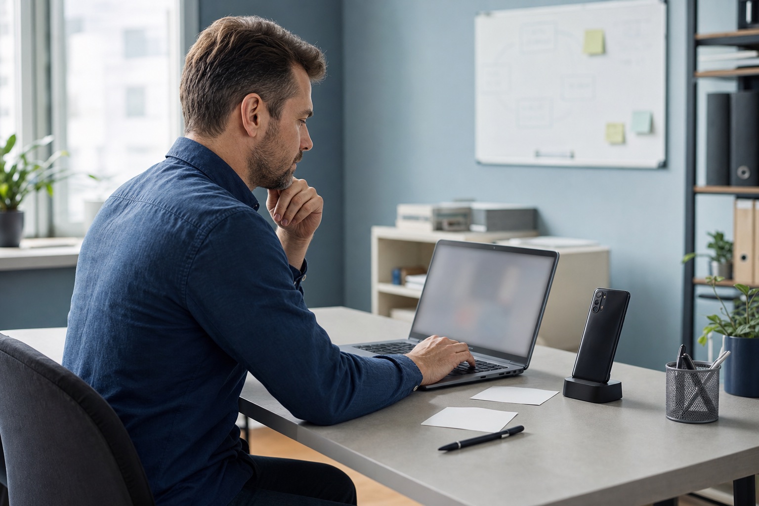 Operations manager working beside a charged Android phone and laptop while comparing messaging infrastructure